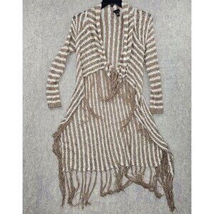 Rue21 Striped Fringe Open Front Cardigan Sweater Medium Beige